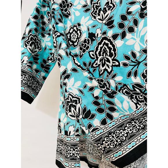 JM Collection Blouse Womens size 12 Blue100% Linen Floral V Neck 3/4 Sleeves - Picture 4 of 5